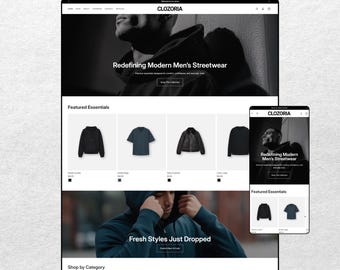 May include: A website design for a clothing store, showcasing a modern streetwear theme. The site features a desktop and mobile view, with product displays and the text "CLOZORIA" and "Fresh Styles Just Dropped".