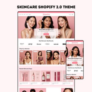 Könnte beinhalten: Ein Website-Design für eine Hautpflegemarke, dargestellt auf einem Desktop und einem Mobilgerät. Das Design zeigt Produktbilder, Models und den Text "Starts With the Right Care" und "Real Skincare. Real Results."