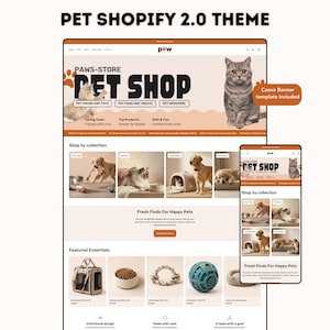 Könnte beinhalten: Webdesign für einen Tierladen, dargestellt auf einem Desktop-Computer und einem Mobilgerät. Das Design zeigt das Logo "PAWS-STORE PET SHOP" und Produktkategorien. Die Website zeigt Bilder von Haustieren und Tierprodukten mit dem Text "PET SHOPIFY 2.0 THEME".