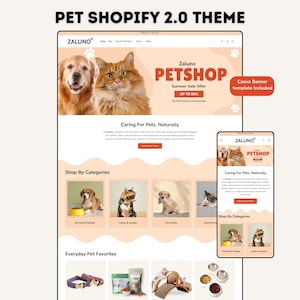 Może przedstawiać: Projekt strony internetowej dla sklepu zoologicznego, z golden retrieverem i rudym kotem. Strona zawiera sekcje dotyczące karmy dla zwierząt, obroży, zabawek i codziennych ulubionych produktów dla zwierząt. Tekst brzmi "PET SHOP Summer Sale Offer UP TO 50%" i "Caring For Pets, Naturally."