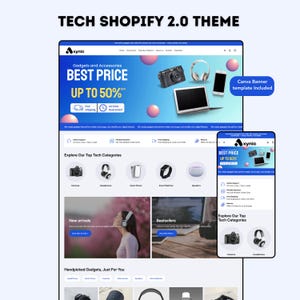 Może przedstawiać: Projekt strony internetowej dla sklepu z elektroniką, prezentujący gadżety i akcesoria. Projekt zawiera laptopa, aparat fotograficzny, słuchawki i smartfon. Tekst brzmi "BEST PRICE UP TO 50% OFF" i "TECH SHOPIFY 2.0 THEME". Wyświetlana jest również wersja mobilna.