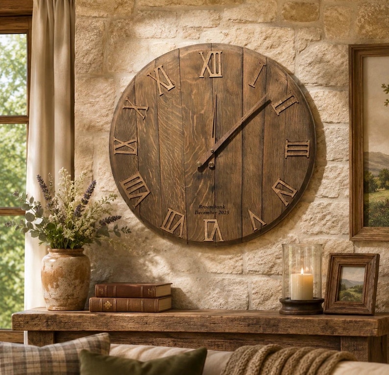 Large barrel-lid clock displayed on a wall