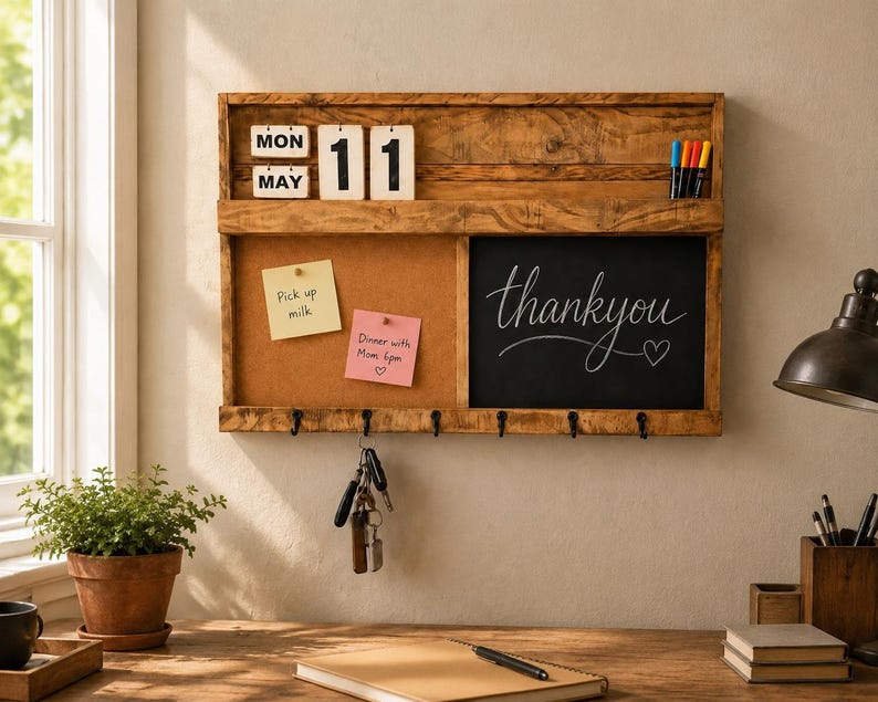 Reclaimed wood family command centre in use