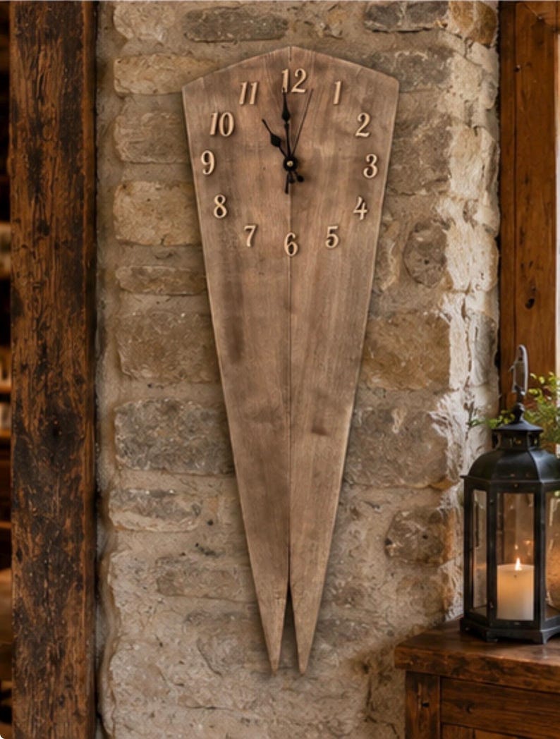 Close view of the large clock face and rustic timber