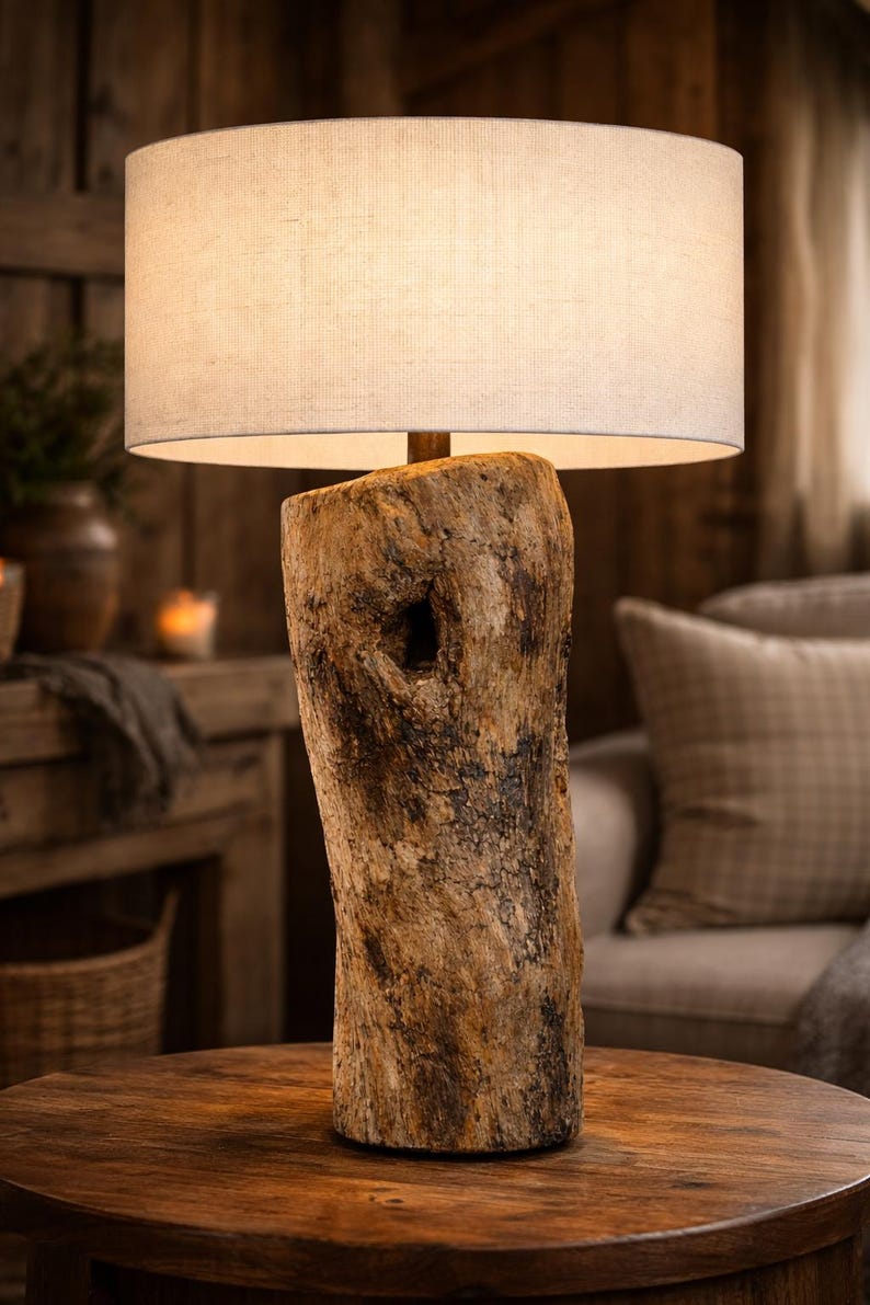 One-of-a-kind sculptural driftwood table lamp
