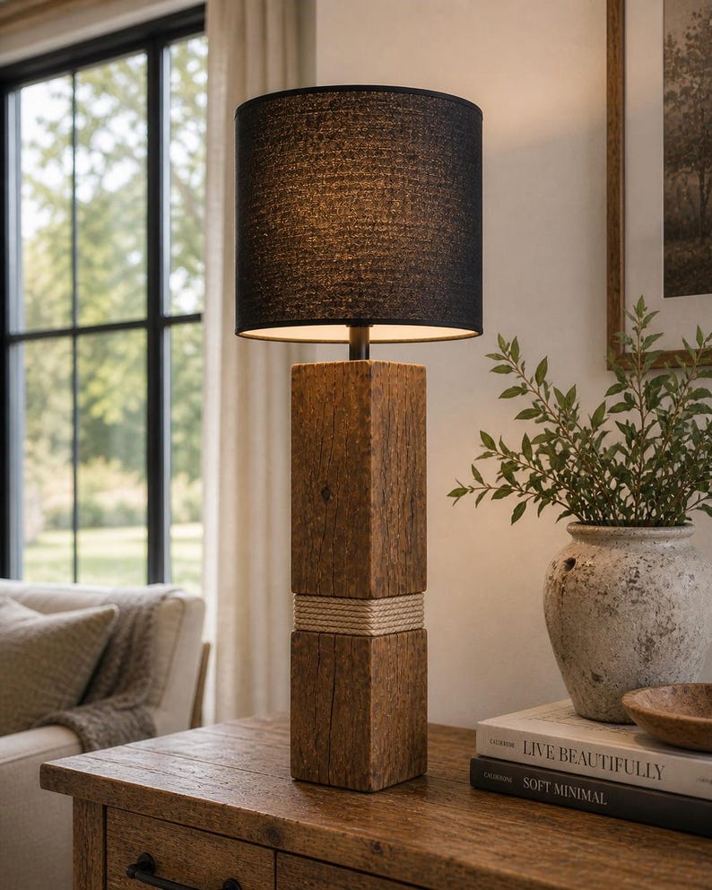 Solid wood rope-detail lamp lit in a room