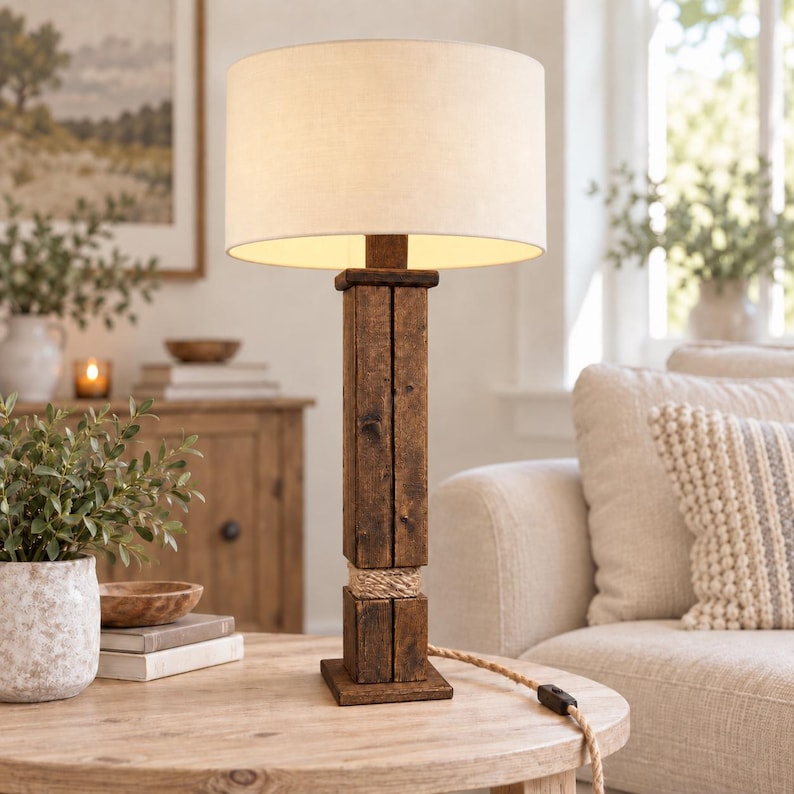 Solid wood table lamp with rope detail