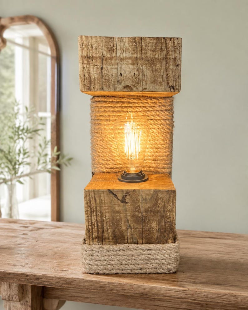 Jute rope Edison lamp glowing on a table
