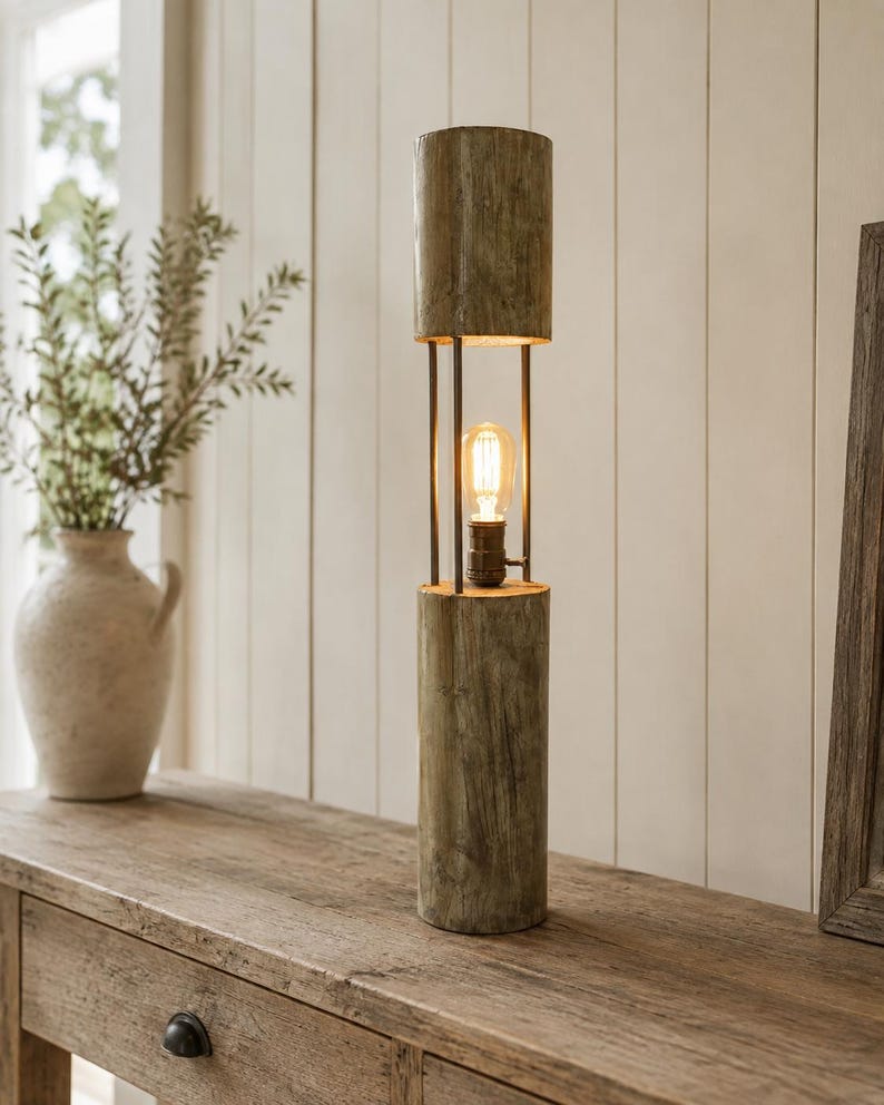 Solid wood farmhouse bedside table lamp
