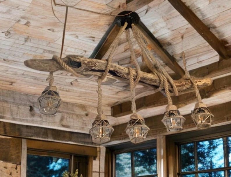 Close view of the natural driftwood and rope