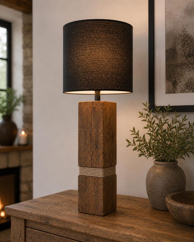 Solid wood rope-detail lamp from the side
