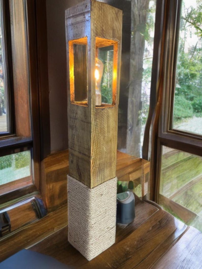Rustic reclaimed wooden floor lamp with hemp rope