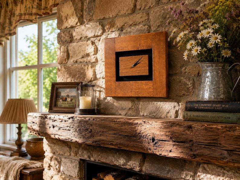 Oak farmhouse clock styled on a mantel