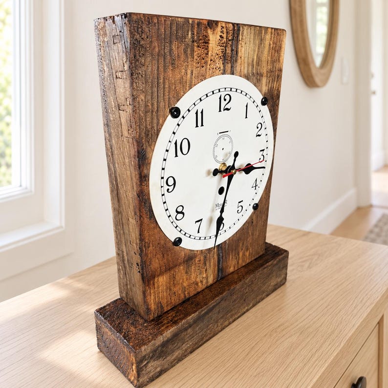 Reclaimed wood mantel clock displayed at home