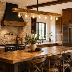 May include: A rectangular wooden beam pendant light fixture suspended from the ceiling by a black metal rod, featuring seven exposed Edison-style light bulbs hanging in a row above a large wooden kitchen island with three wooden chairs.