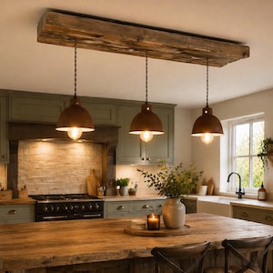 May include: Three pendant lights with copper shades hang from a rustic wooden beam in a kitchen. The kitchen features sage green cabinets, a wooden island, and a black stove. A vase of greenery and a lit candle sit on the island.