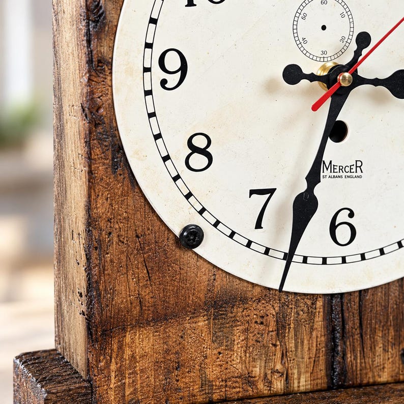 Close view of the mantel clock face and timber