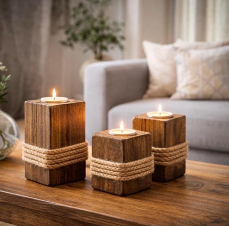 Reclaimed wood candle holder set from another angle