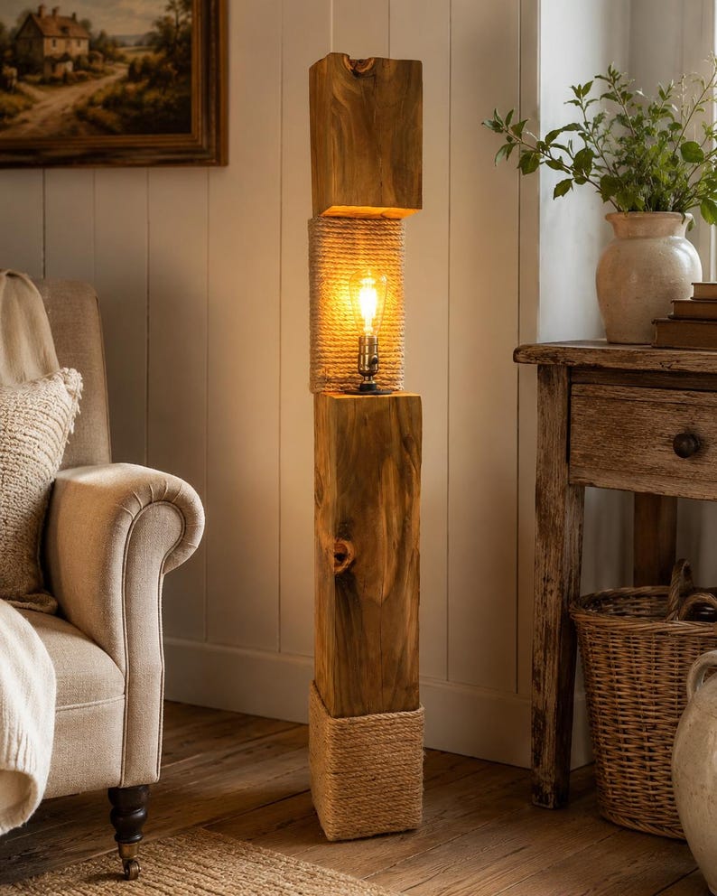 Chunky rope-wrapped floor lamp from another angle