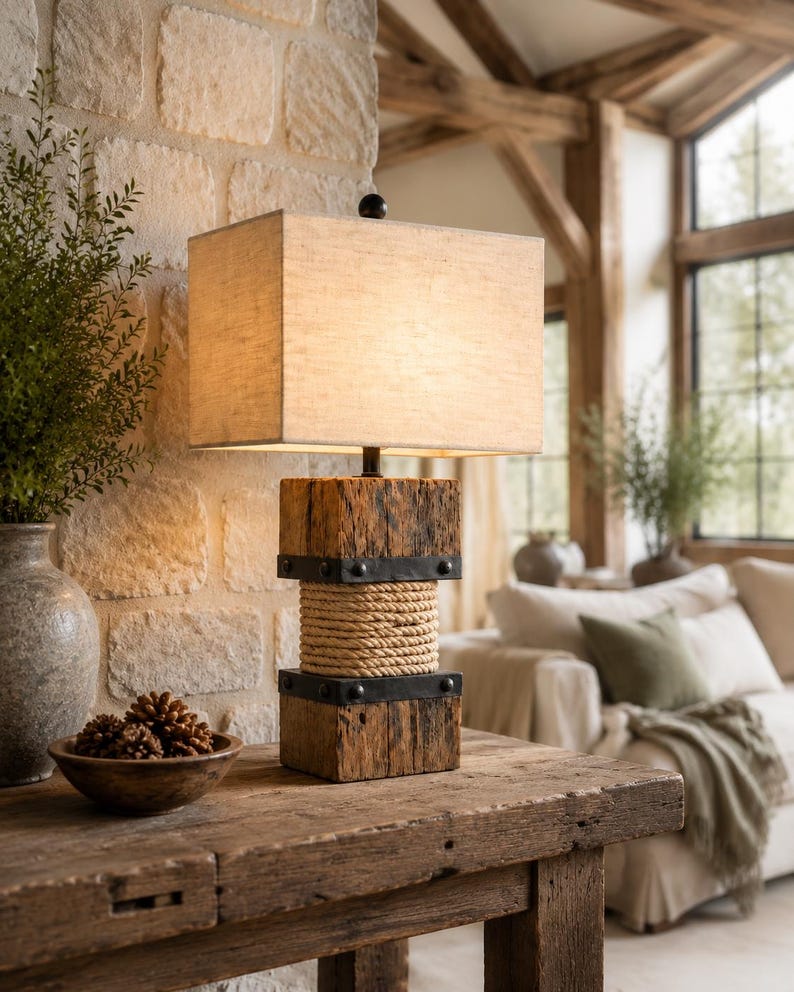 Large reclaimed wood and rope table lamp