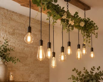 Handmade Live Edge Wood Beam Chandelier, Rustic Farmhouse Pendant Light, 5-9 Bulbs