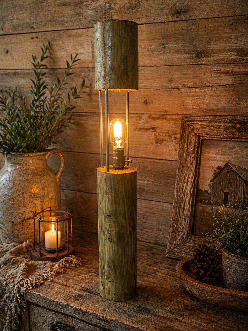 Close view of the solid wood lamp base