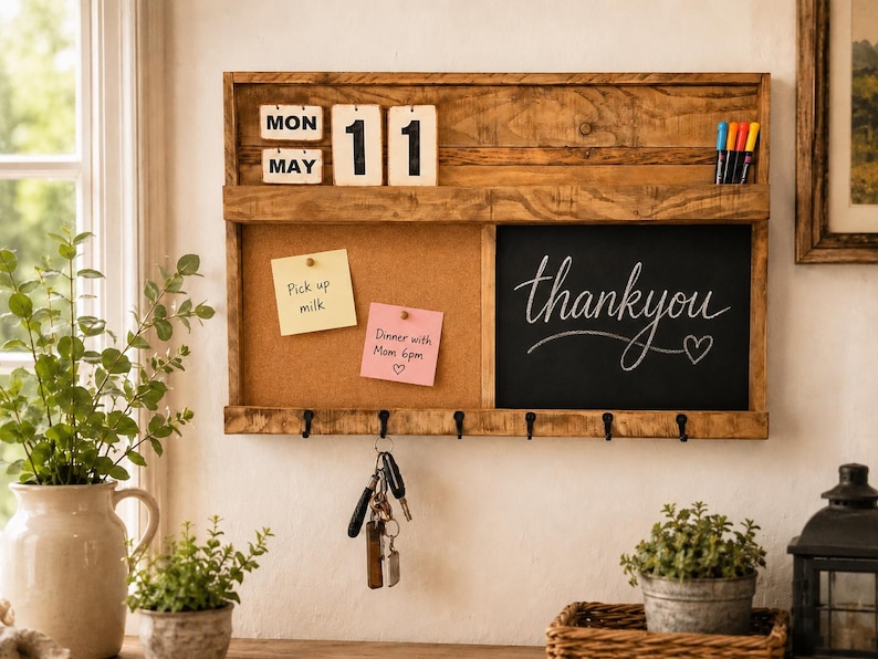 Reclaimed wood wall organiser with calendar cork board chalkboard and key hooks