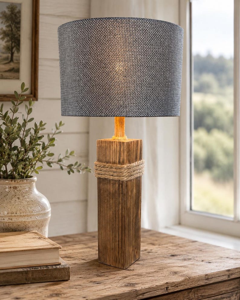 Reclaimed wood table lamp with jute and linen shade