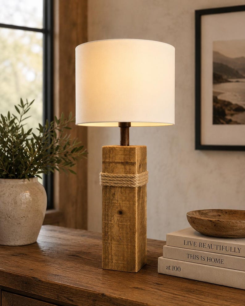 Reclaimed timber and jute lamp from another angle