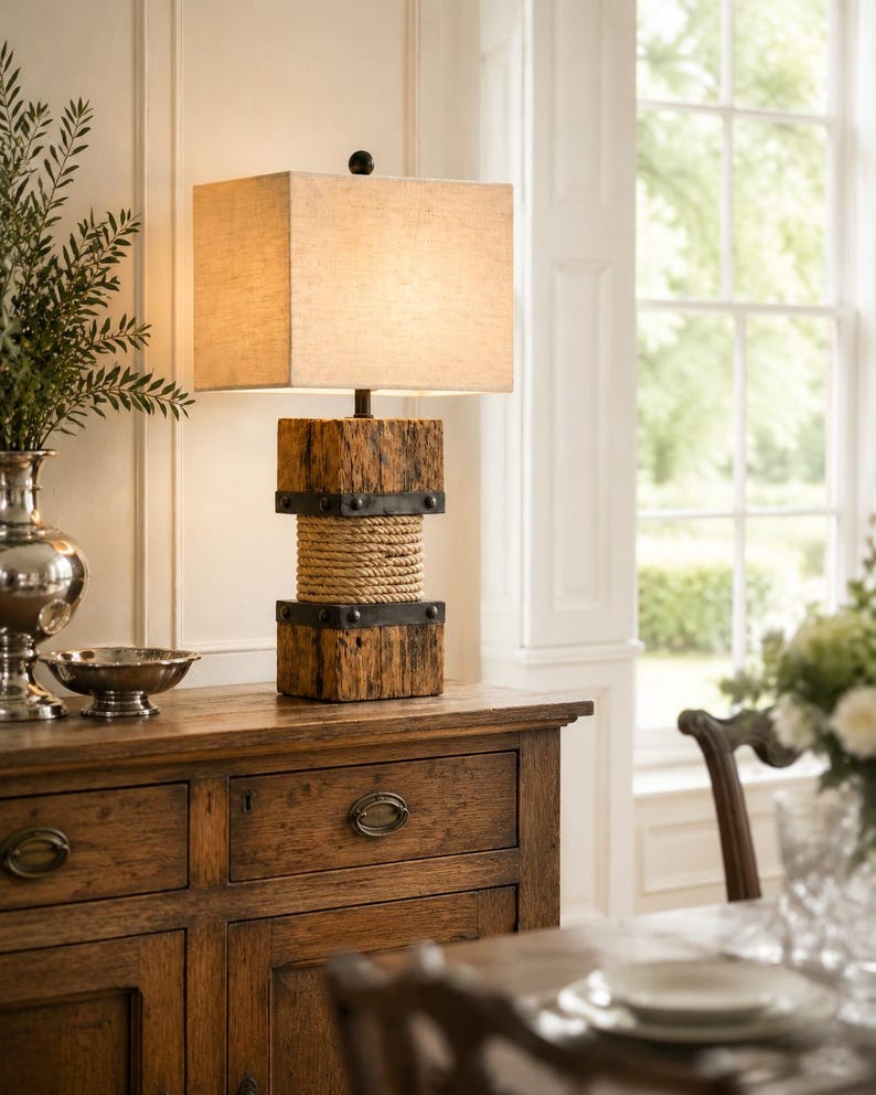 Large rope lamp styled on a side table
