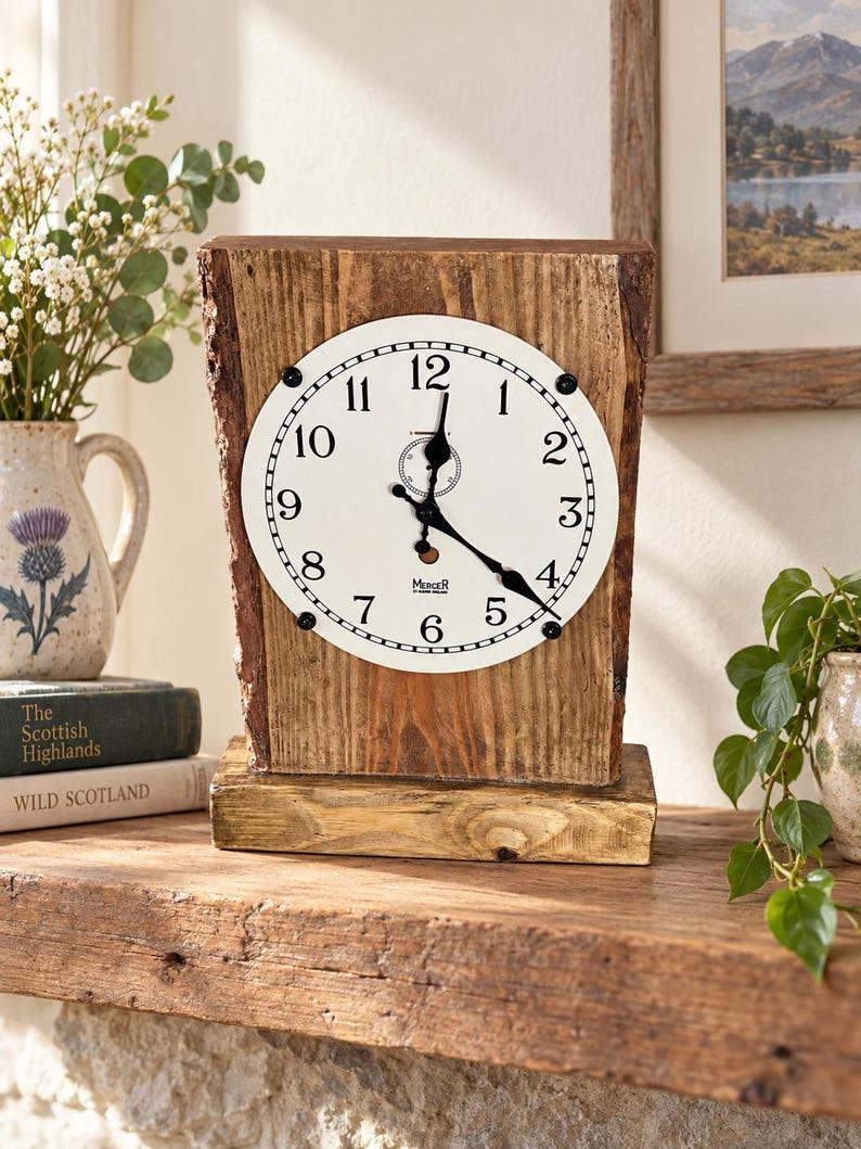Rustic reclaimed wood mantel clock supporting St Columba's Hospice