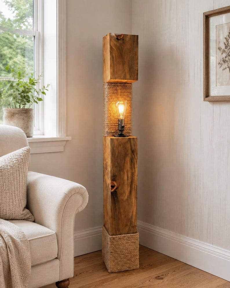 Chunky wooden floor lamp wrapped with rope
