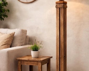 Handmade Reclaimed Wood Floor Lamp, Jute Rope Detail, Linen Shade