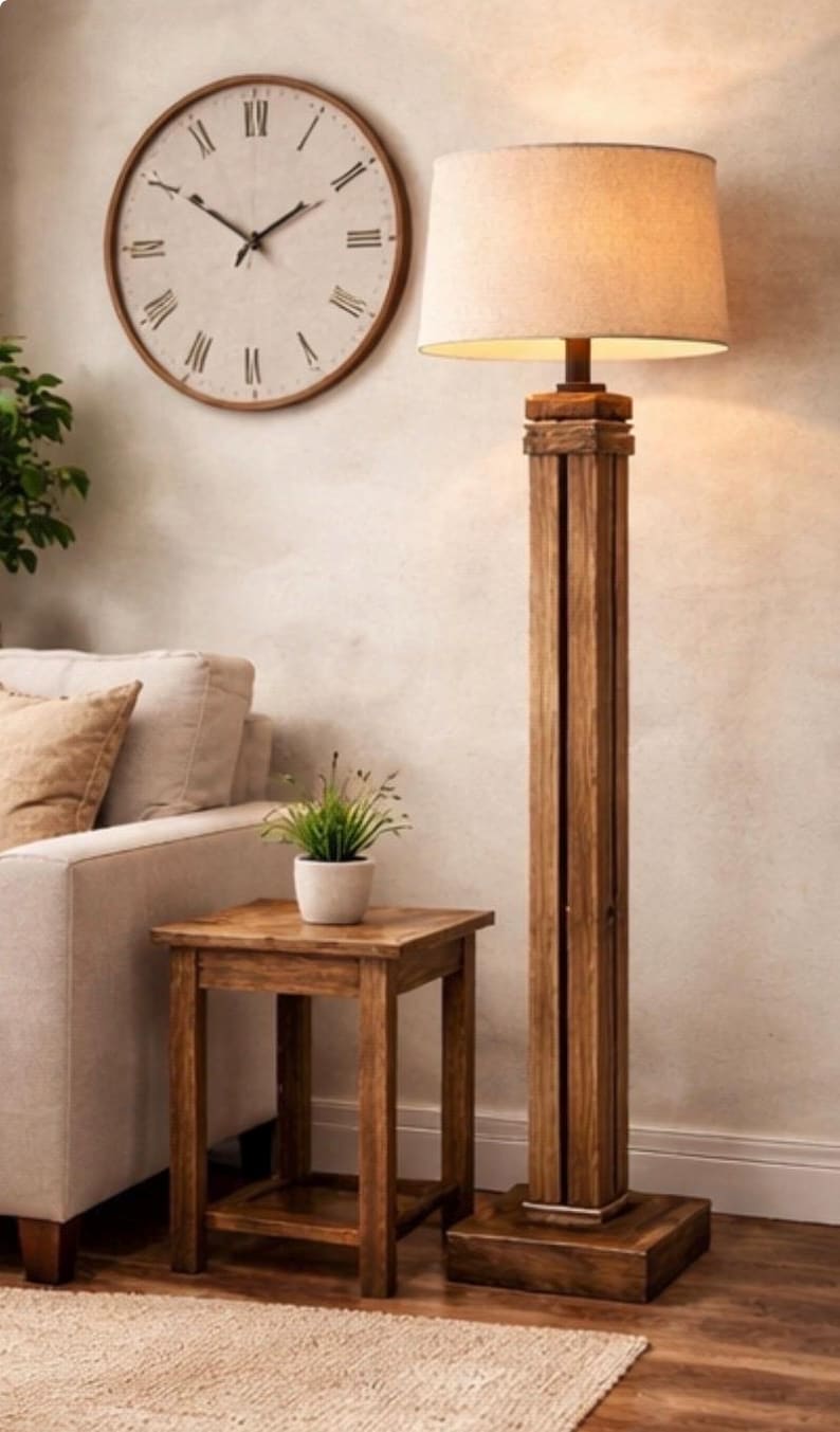 Reclaimed wood floor lamp with jute and linen shade