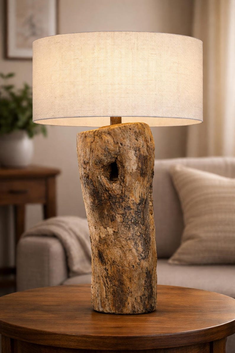 Close view of the weathered driftwood base