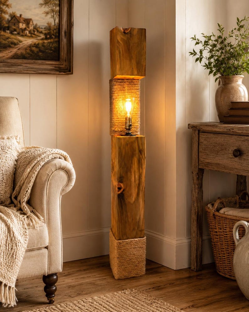 Chunky rope-wrapped floor lamp in a living space