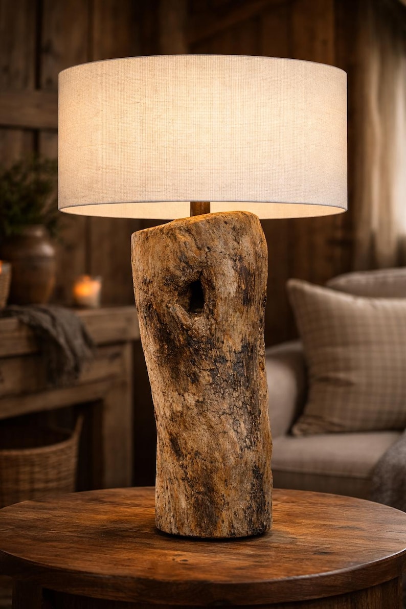 Sculptural driftwood lamp lit in a room