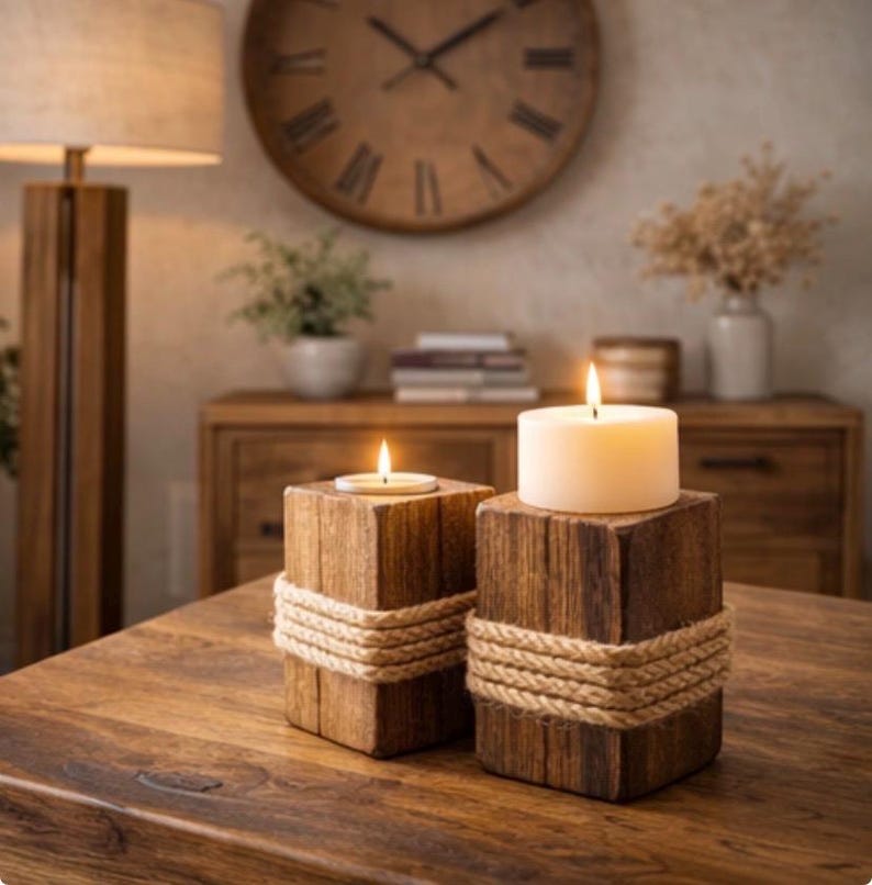 Close view of timber and jute candle holder details