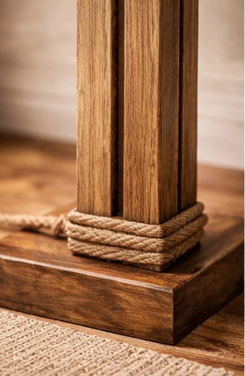 Reclaimed wood and jute floor lamp from another angle