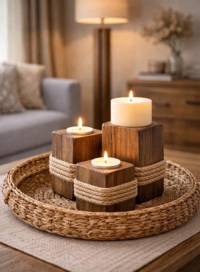 Reclaimed wood candle holders with candles lit