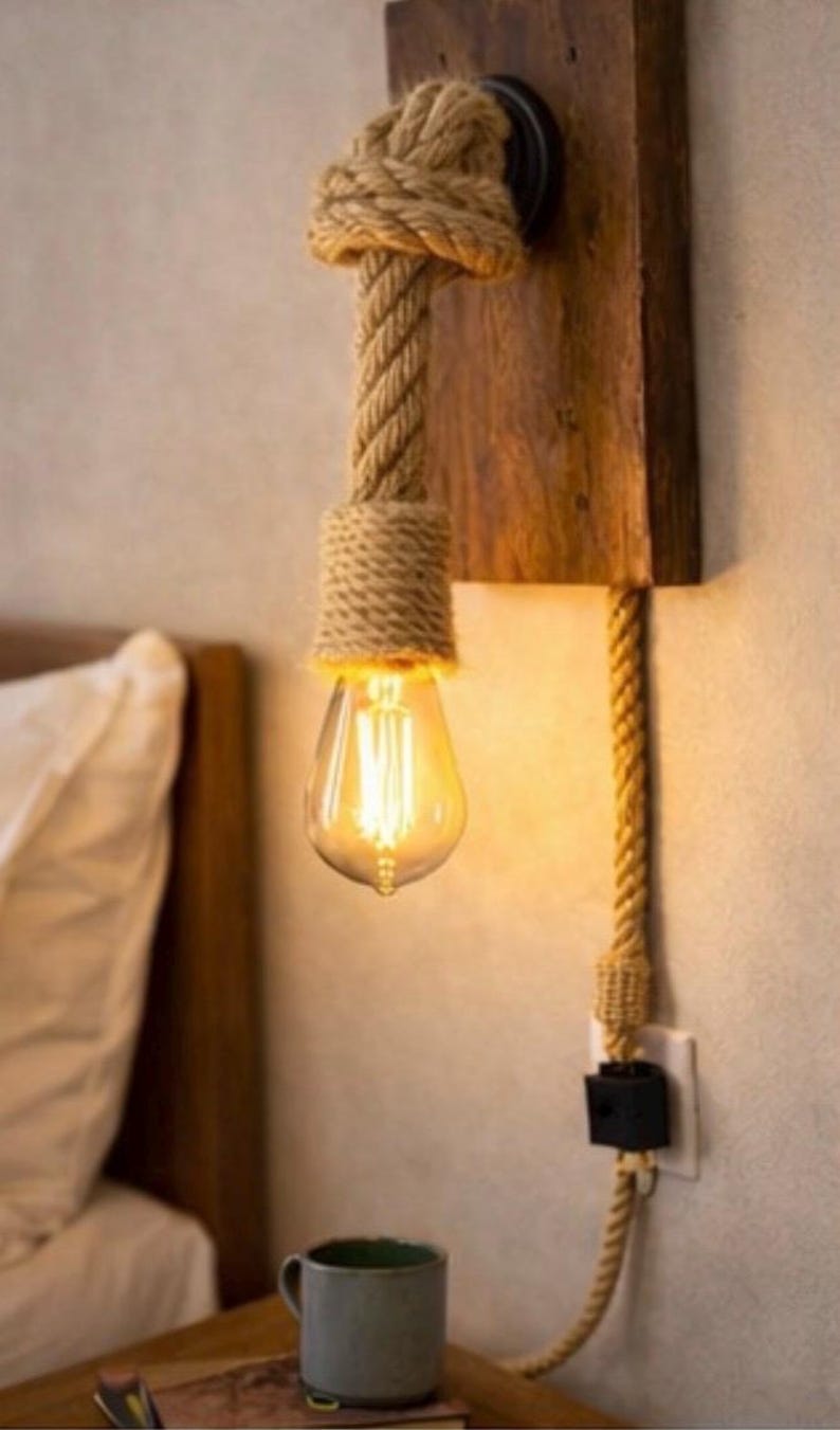 Hemp-rope wall sconce viewed from the side