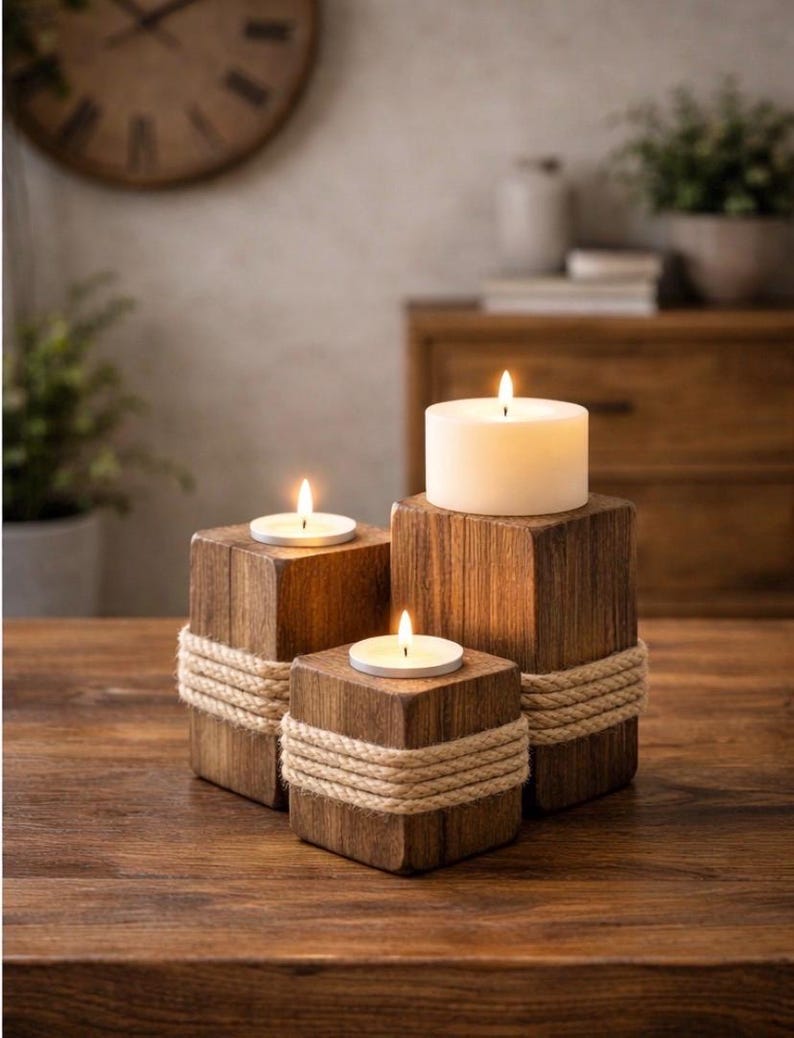 Pair of reclaimed wood candle holders with jute rope