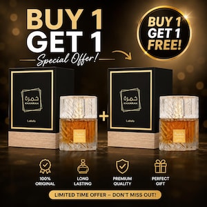 May include: An advert for Khamrah perfume, showing two bottles and boxes. The boxes are black with gold trim, and the bottles are clear with a gold-coloured liquid. The text reads "BUY 1 GET 1 FREE!" and "LIMITED TIME OFFER - DON'T MISS OUT!"