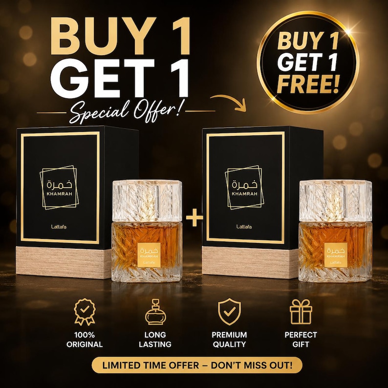 May include: An advert for Khamrah perfume, showing two bottles and boxes. The boxes are black with gold trim, and the bottles are clear with a gold-coloured liquid. The text reads "BUY 1 GET 1 FREE!" and "LIMITED TIME OFFER - DON'T MISS OUT!"