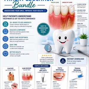 May include: A Dental Patient Education Bundle graphic with the text "Dental Patient Education Bundle." The image includes illustrations of healthy and unhealthy gums, a smiling tooth, and topics such as dental implants and teeth whitening.