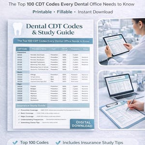Puede incluir: Una guía de estudio y códigos CDT dentales con el texto "Los 100 códigos CDT principales que toda consulta dental necesita conocer". Imprimible, rellenable y descarga instantánea. Incluye consejos de estudio de seguros.