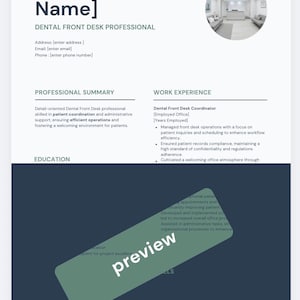 Könnte beinhalten: Eine Lebenslaufvorlage mit dem Titel "[First and Last Name]" für einen "Dental Front Desk Professional". Sie enthält Abschnitte für berufliche Zusammenfassung, Berufserfahrung und Ausbildung. Ein Vorschaumuster ist sichtbar.