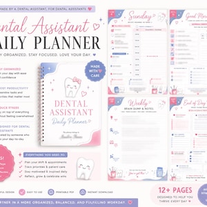 May include: A Dental Assistant Daily Planner with a spiral binding, featuring a pink and blue design. The cover includes the text "Dental Assistant Daily Planner" and a cartoon tooth with a bow. The planner includes pages for daily, weekly, and end-of-day notes.