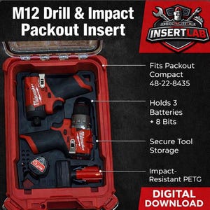 May include: Red M12 drill and impact packout insert with tools. The insert fits a compact packout and holds 3 batteries and 8 bits. The case is impact-resistant PETG. Text on the image reads "DIGITAL DOWNLOAD."