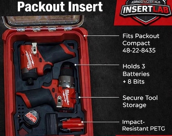 May include: Red M12 drill and impact packout insert with tools. The insert fits a compact packout and holds 3 batteries and 8 bits. The case is impact-resistant PETG. Text on the image reads "DIGITAL DOWNLOAD."